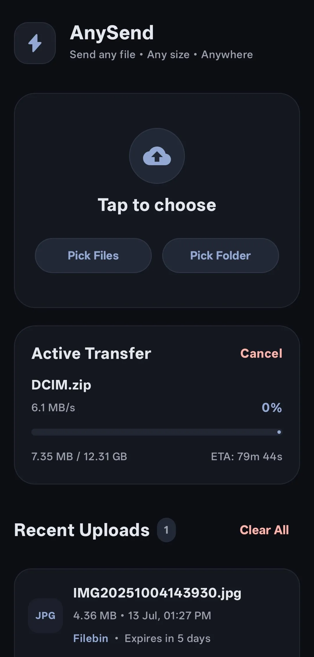 AnySend home screen showing Pick Files and Pick Folder buttons