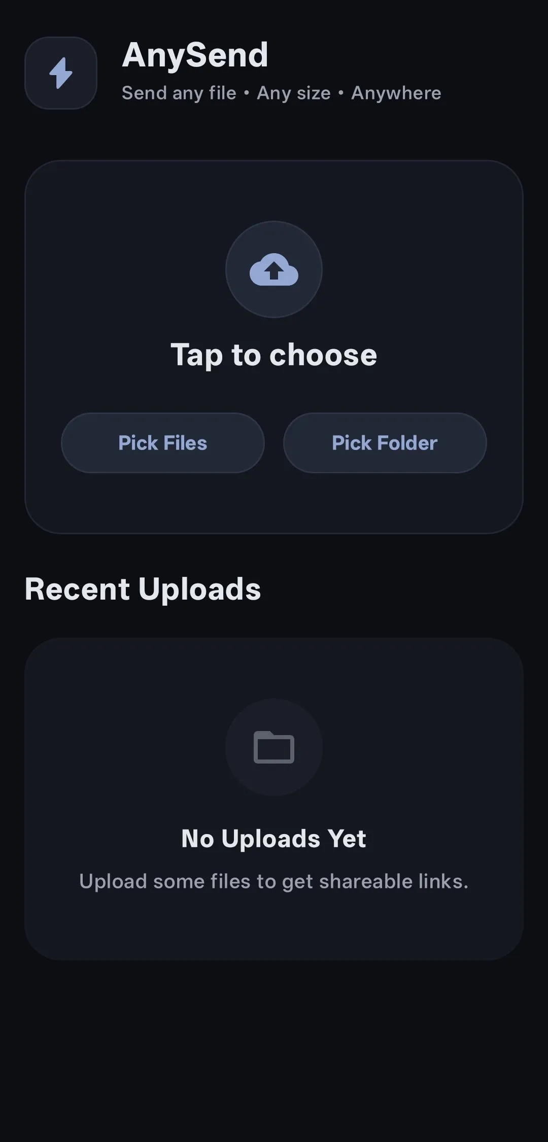 AnySend active transfer screen showing real-time upload progress