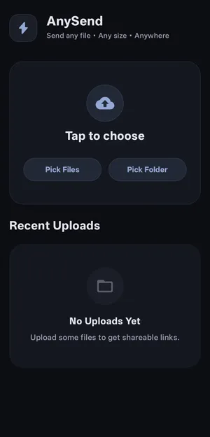 AnySend active transfer screen showing real-time upload progress