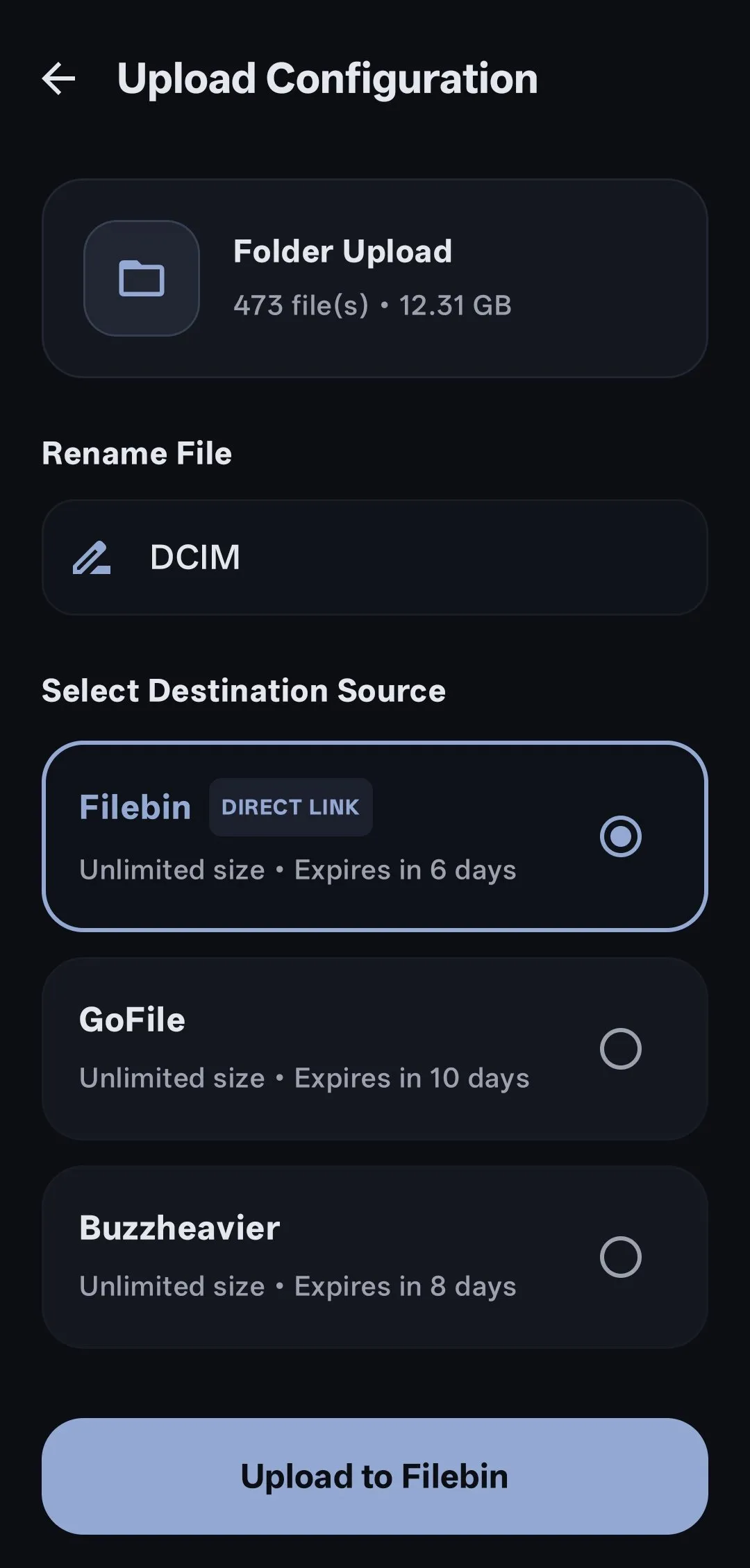AnySend upload configuration with host selection (Filebin, GoFile, Buzzheavier)