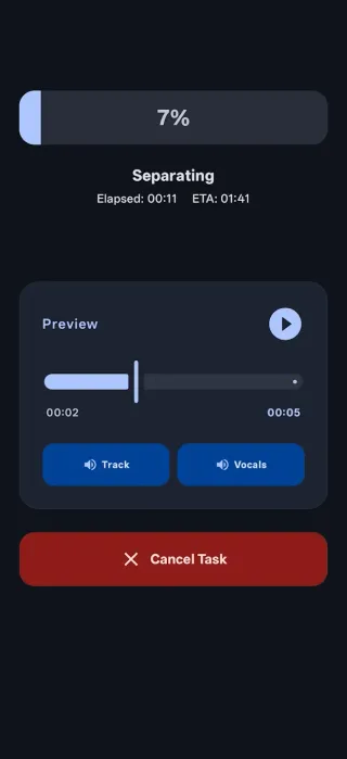 UVR Mobile app screenshot 1 showing audio separation interface