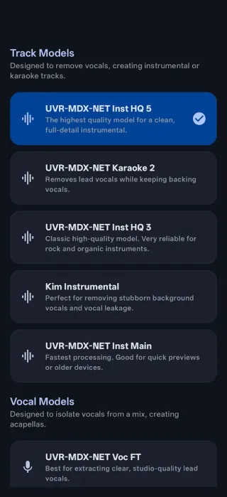 UVR Mobile app screenshot 2 showing audio separation interface