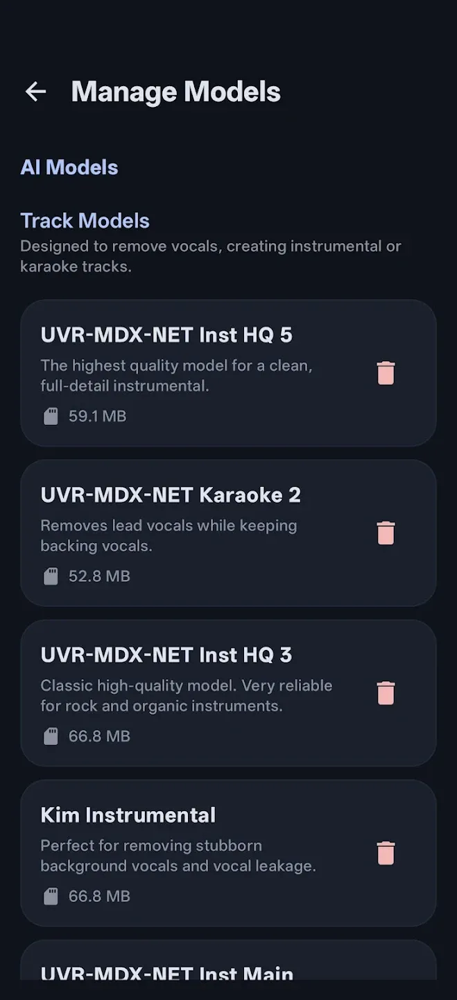 UVR Mobile app screenshot 3 showing audio separation interface