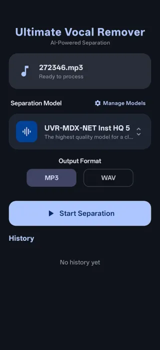 UVR Mobile app screenshot 4 showing audio separation interface